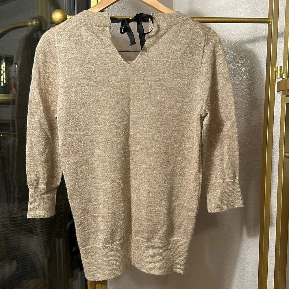 J Crew Gold Metallic Shimer Alpaca Blend Lightweight sweater top Tie Back sz Med